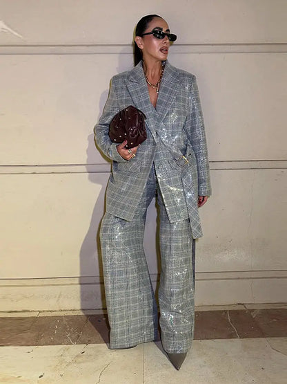 Elegant Sequin Stripe Lapel Neck Top Pant Sets Women Fashion Single Breasted Shine Ribbon Coat Leg Loose Pants Set Female Sets
