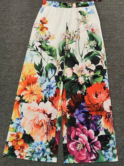 Spring and Summer New Women's Printed Pants Lapel Short Sleeve Waist Short Shirt + High Waist Wide Leg Pants Elegant Two-Piece S