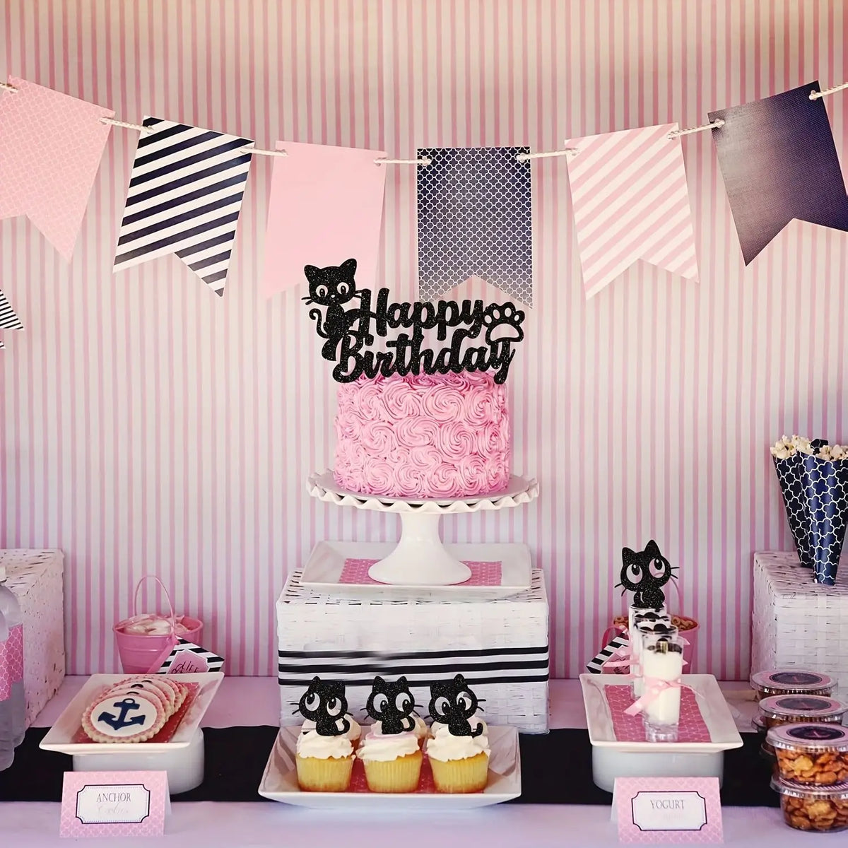 Black Cat Cake Topper Happy Birthday Kids Party Oh Baby Shower Animal Them Cupcake Topper Flags Decoration Baking Supplies DIY