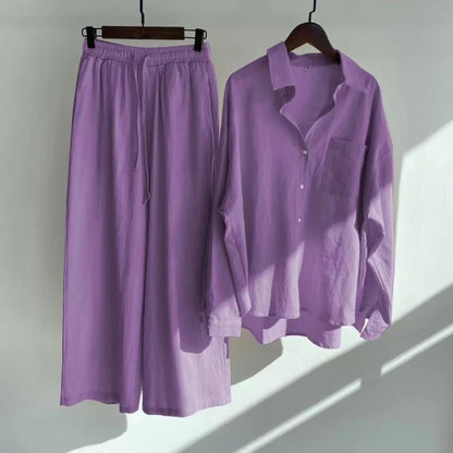 Cotton And Linen Solid Color Pant Sets Women Single-breasted Shirts And Drawstring Loose Wide Legs Trousers Two Piece Set Casual