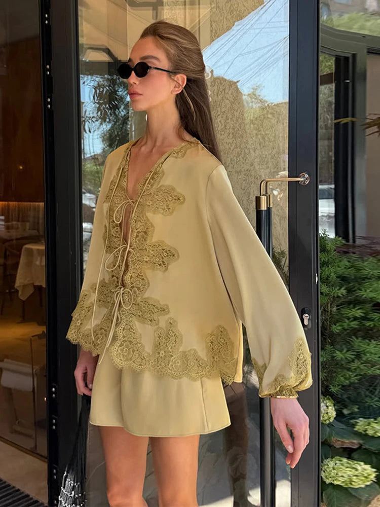 Elegant Women O Neck Long Sleeve Lace Up Shirt Chic Lace Patchwork Satin Blouse Shorts Set 2026 Summer Chic 2 Pcs Outfits Street