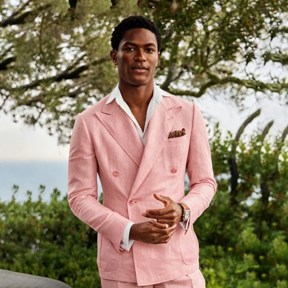 Summer Linen Double Breasted Suits for Men 2 Pieces Separates Blazer Pants for Beach Wedding Casual Party Guest Men Suits 2026