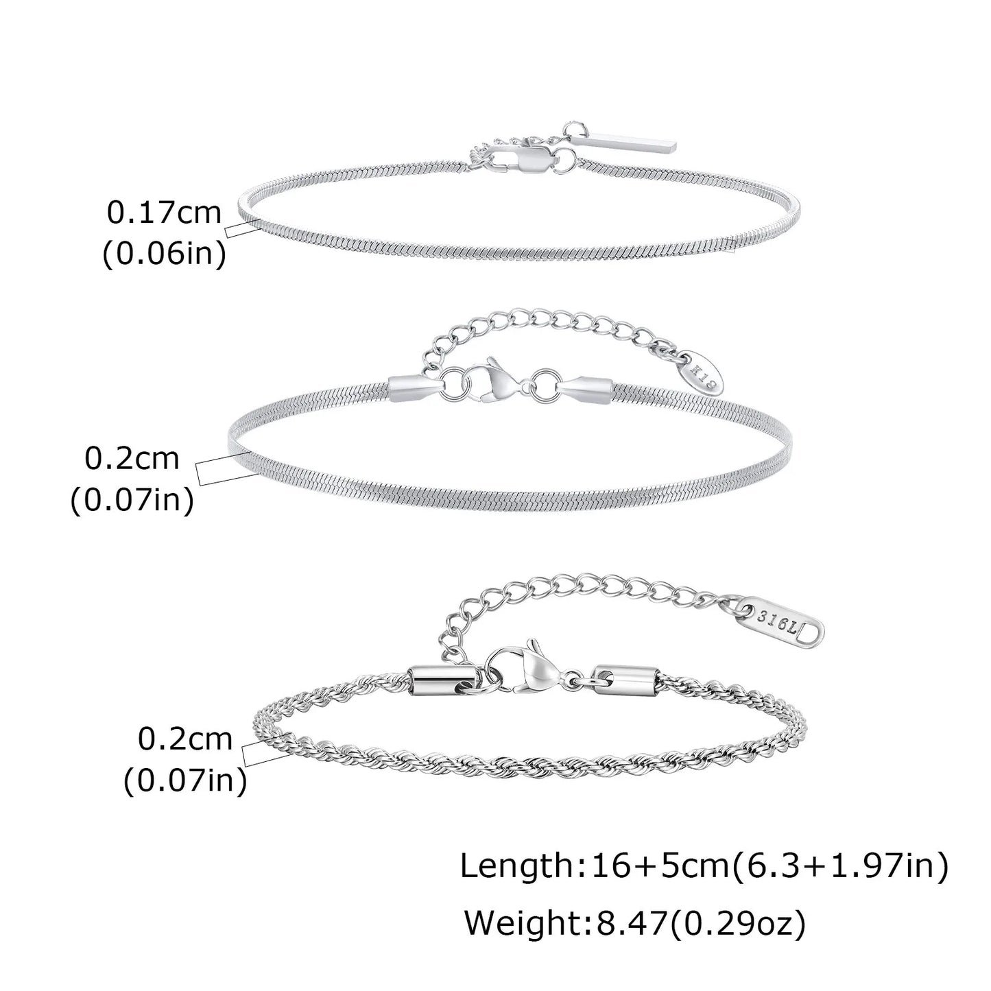 1/2/3pcs Chain Bracelet for, Stainless Steel Twisted Rope Cuban Chain