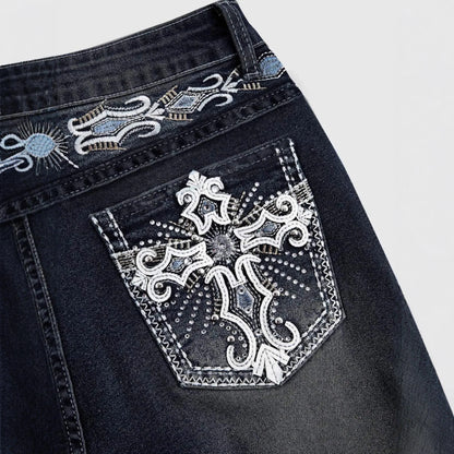 Jeans Flare Pants Women Vintage Boot Cut Embroidery Pockets Rhinestone Washed Female Distressed Denims Trousers Streetwear