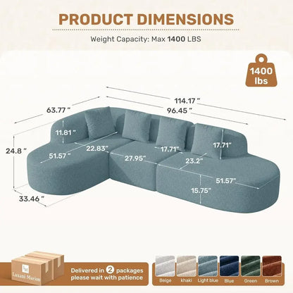 Light Blue 114 Curved Chaise Sectional Sofa, L-Shape Cloud Design, No Assembly Needed for Living Room