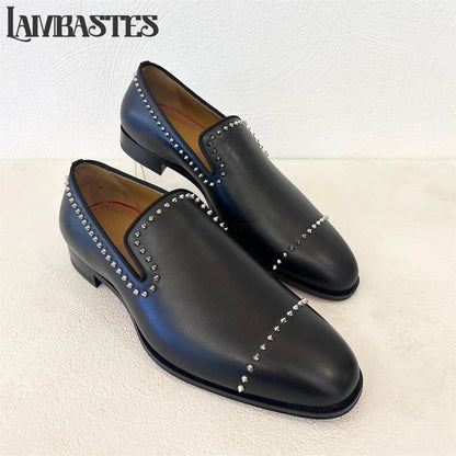 Trimmed Studded Leather Mens Loafers Metal Rivet Slip on Shoes Polished PU Leather Men's Formal Dress Shoes Customizable Colors