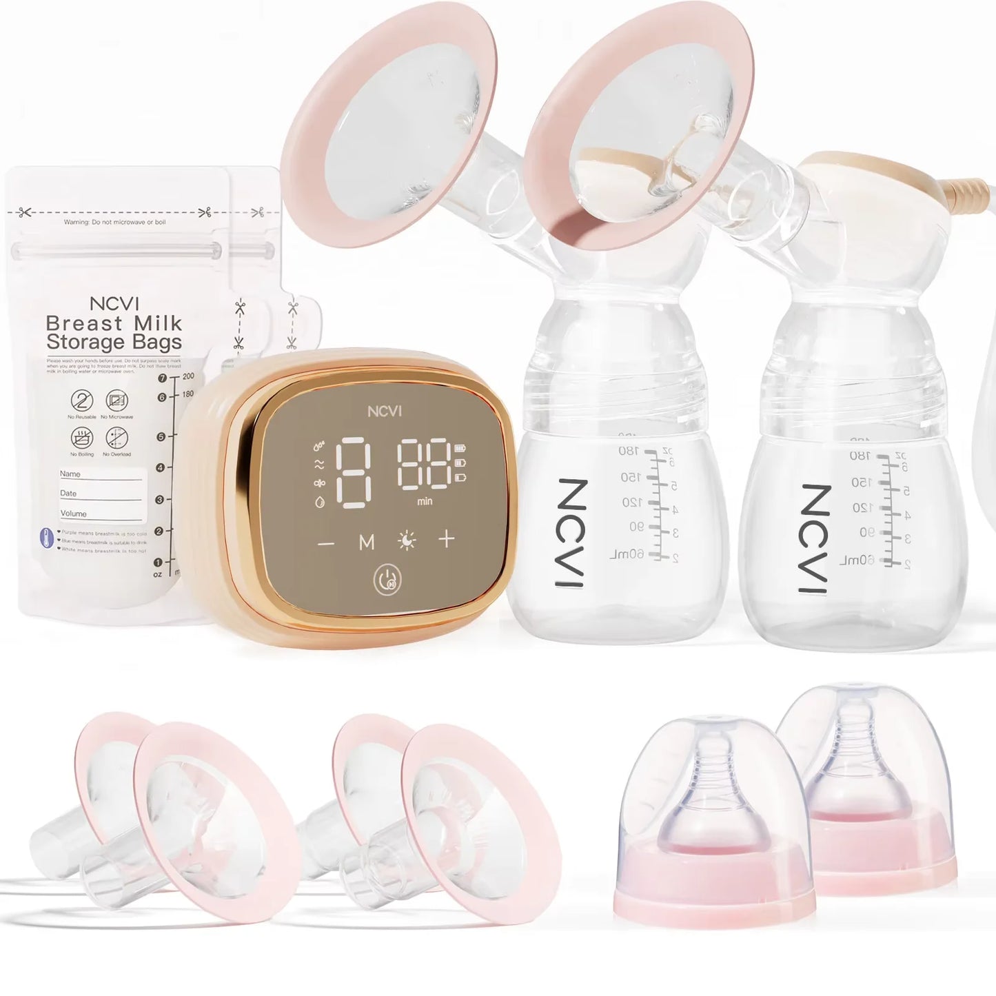 NCVI Double Electric Breast Pump, Portable Breast Pump Electric with 4 Modes 9 Levels,LED Display, 10pcs Breastmilk Storage Bags