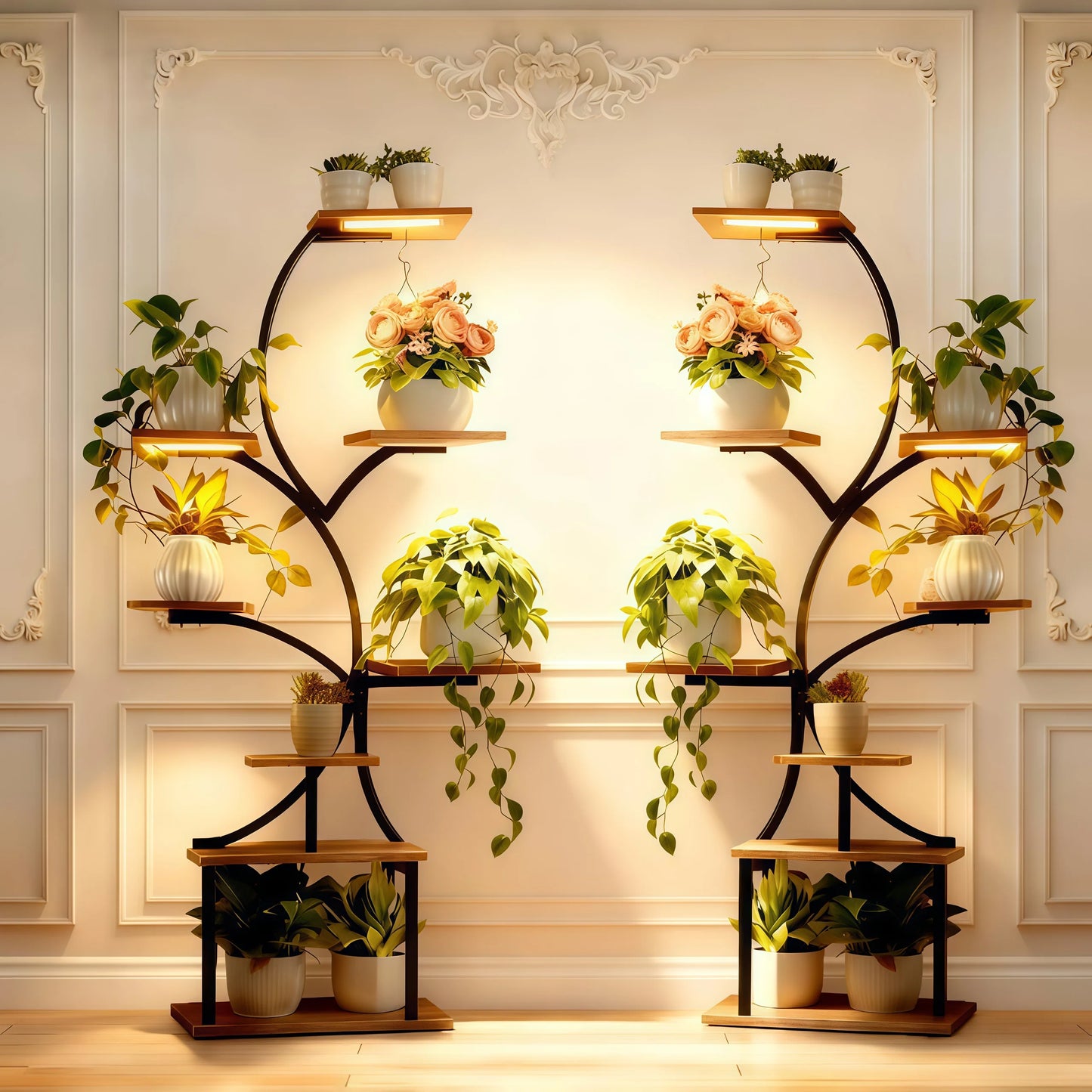 8‑Tier Metal Plant Stand with LED Grow Lights, Irregular Multi‑Layer Flower Rack for Multiple Potted Plants, Heavy Duty Plant Display Shelf for Indoor Patio Living Room Study Bedroom, Ideal Gift for Plant Lovers