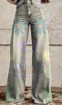 Women's 3D Printed Flare Jeans-Polyester Wide Leg Pants with Distressed Vintage Look, High Waist Comfort Fit for Street Fashion