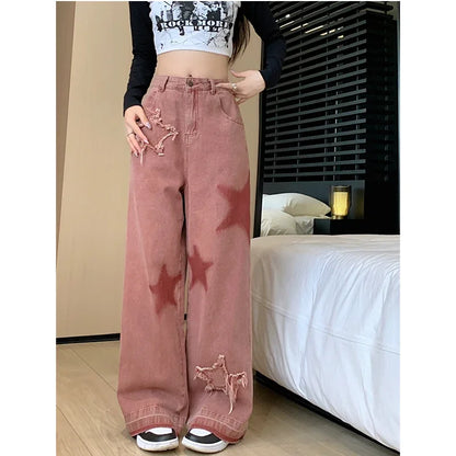 Women Streetwear Pink Jeans Vintage Star Print High Waisted American Retro Wide Leg Denim Pants Hip-hop Straight Y2K Trousers
