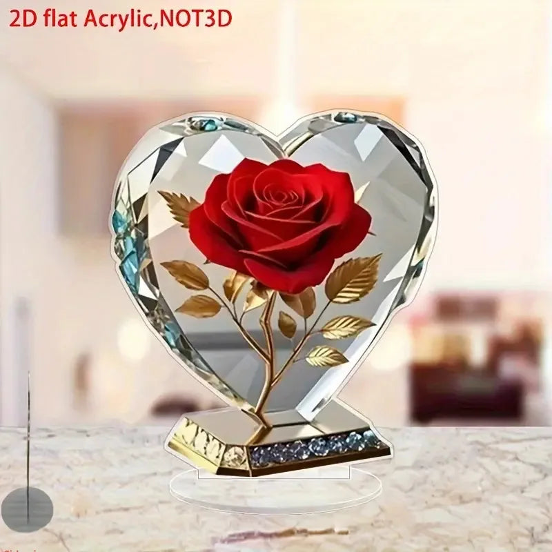 2D Acrylic Red Rose Ornament Mother's Day Gift Heart Shaped Desktop Decoration Ornaments Creative Birthday Valentine's Day Gift