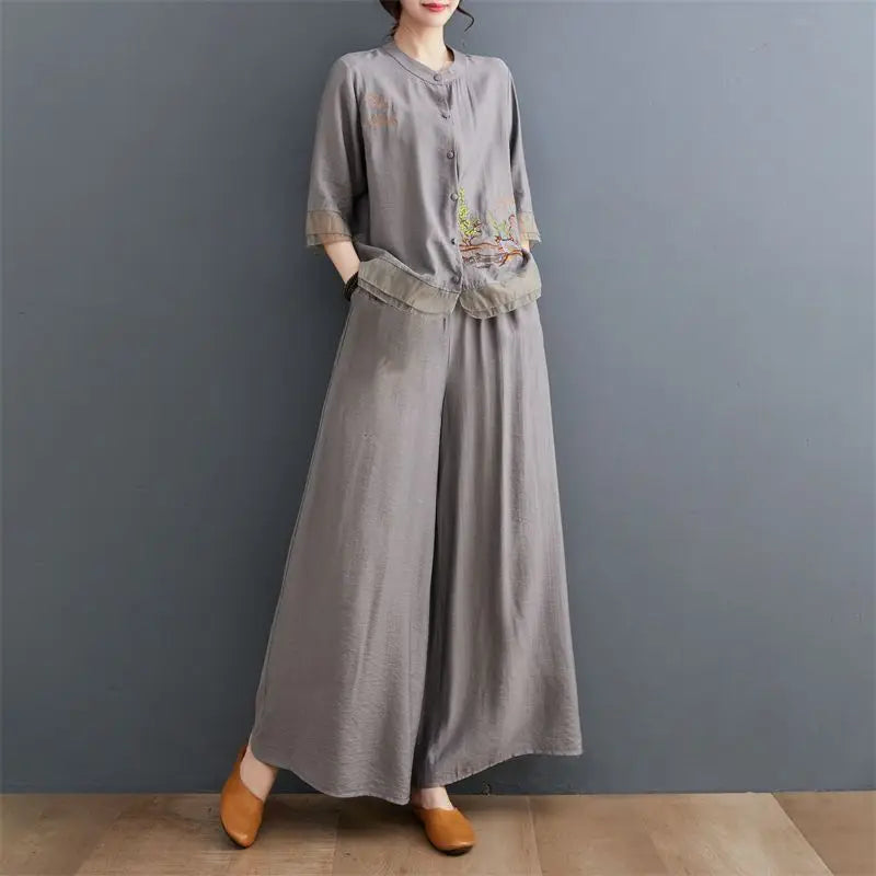 Spring Summer Women Leisure Pants 2PCS Middle Aged Mother Cotton Linen Suit 2026 Female Embroidery Two-piece Set Large Size 5XL