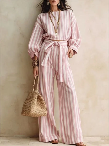 Women New Striped Long-sleeved Shirts Trousers 2piece Set Fashion Casual Ultra-short Top Waisted Lace-up Loose Wide-leg Long Set