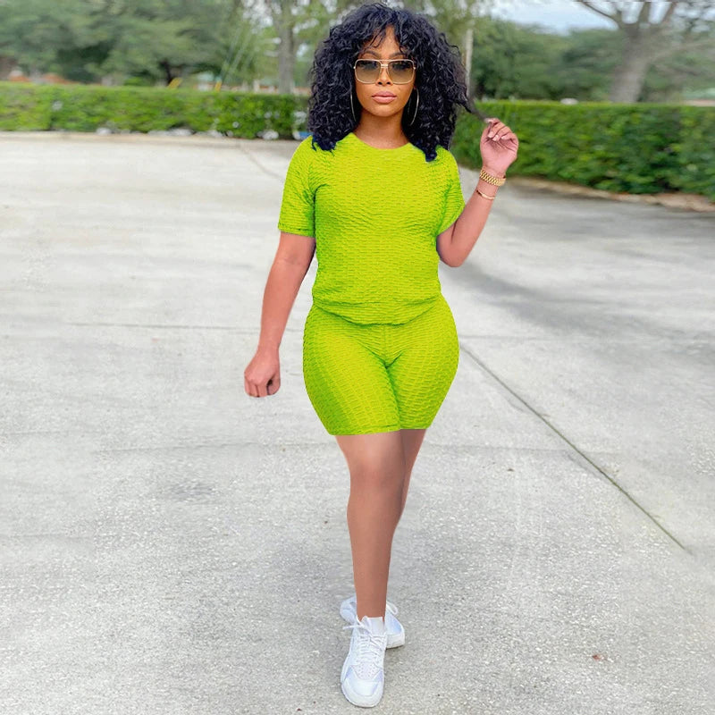 2024 New Summer Round-neck Solid Color Short-sleeved Two-piece Yoga Shorts Women's Sports Suit