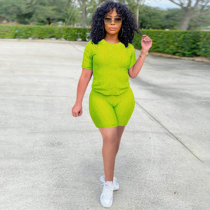 2024 New Summer Round-neck Solid Color Short-sleeved Two-piece Yoga Shorts Women's Sports Suit