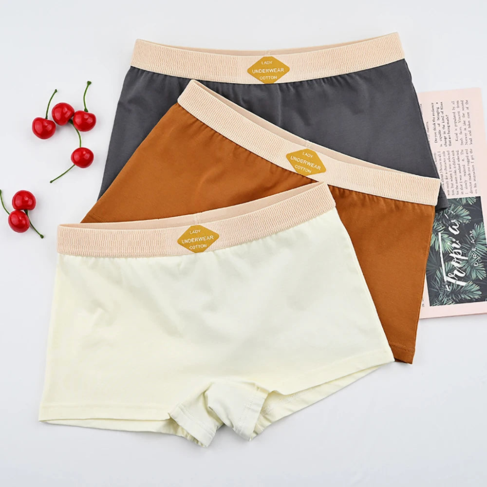 3PCS/Pack 100% Cotton Multicolor Solid Women's Boxer Knit Breathable Panties Underwear Soft High Elastic Mid-rise Thin Boyshorts