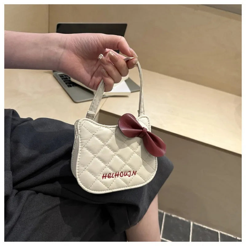 Lovely Cat Pattern Women Handbag Fashion Rhombus Grid Shoulder Bag Sweet Bowknot Crossbody Bag
