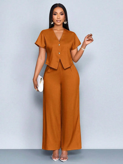 Summer Elegant 2 Piece Suit For Women V Neck Short Sleeve Blouse Top High Waist Wide Leg Pants Set Casual Business Office Outfit