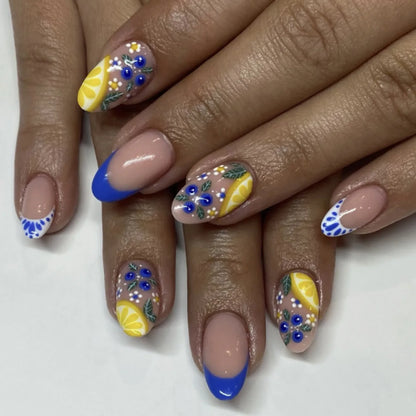 3D Lemon Blue White Striped French Nail Art Summer Chic Short Round False Nails Detachable Finished Fake Nails Press on Nails
