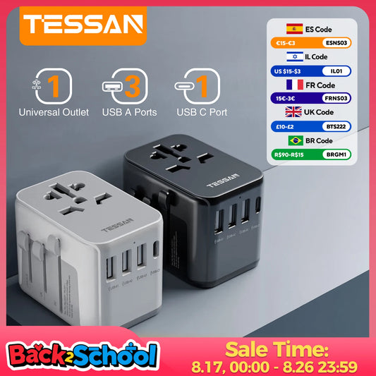 TESSAN Universal Travel Adapter with USB Port and Type C, Worldwide Power Adapter EU/UK/USA/AUS Plug for International Travel