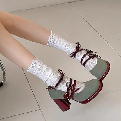 Vintage French Velvet Red Sole Heels Women Chunky High Heel Lace Up Mary Janes Retro Gothic Lolita Party Dress Shoes Elegant