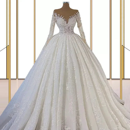 Customized A-Line Scoop Wedding Dresses Illusion Long Sleeves Appliques Lace Bridal Gowns Sweep Train Garden Brides Dress