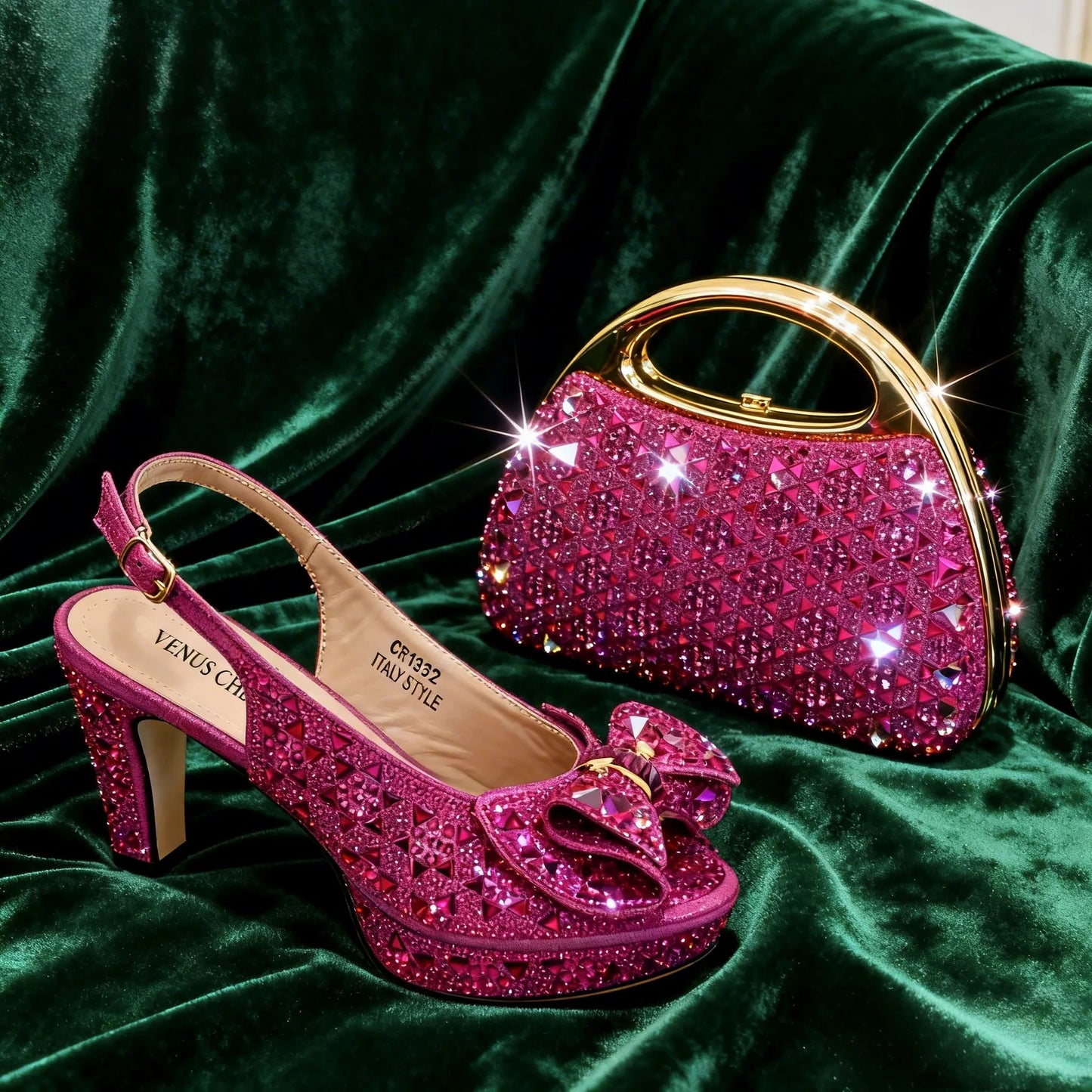 Venus Chan 2026 Elegant Women's Rhinestone Peep Toe High Heels Sandals - Italian Design with Matching Blue Handbag