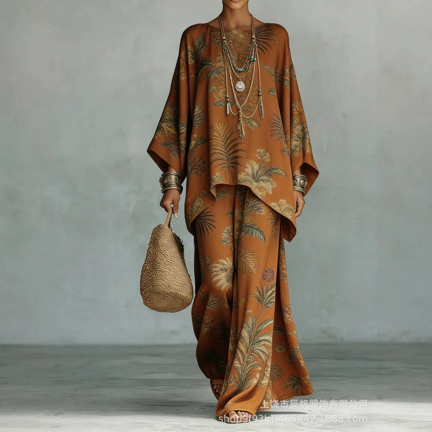 Boho Two Piece Set Summer Women's Loose Patchwork Wide Leg Pants Set Fashion O Neck Pullover Top 2-piece Set Outfit Streetwear