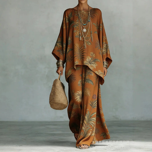 Boho Two Piece Set Summer Women's Loose Patchwork Wide Leg Pants Set Fashion O Neck Pullover Top 2-piece Set Outfit Streetwear