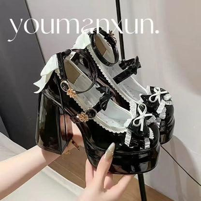 Lovely Girls Pink Lolita Butterfly Knot High Heels Platform Shoes for Women Cute Sakura Dress Mary Janes Beige Size 34-42