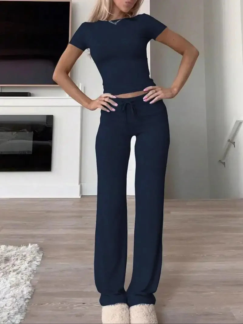 2 Pieces Women Sets 2025 New Fashion Casual Europe Short-Sleeved Tops+Long Pants Sportswear Yoga Wear Women's Clothing