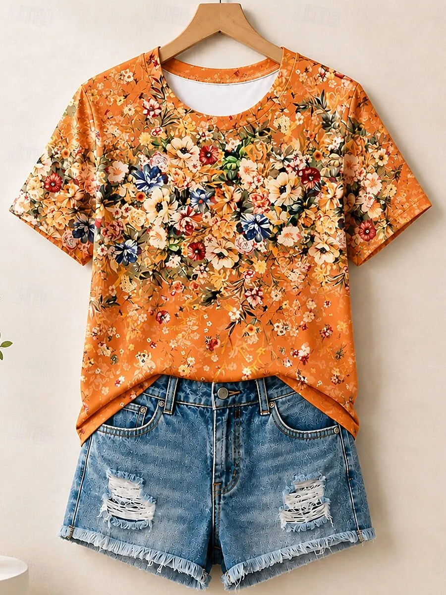 New Year Women's Summer Tops Floral Graphic Plants Elegant Vintage Stylish Short Sleeve Crew Neck Round Neck Long Tops Casual