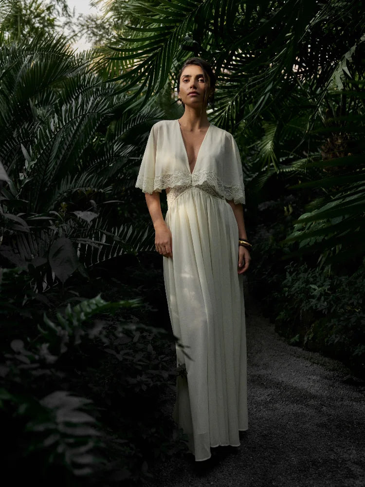 Deep V-Neck Lace Trim Cutout Waist Maxi Dress Elbow-Sleeve Lace Trim Chiffon 2026 Summer Elegant Women Vacation Boho Outfit