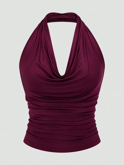 Plus Size Ms. Burgundy Sexy Romantic Urban Woman Sleeveless Neck Swing Neck Top + Split Half Skirt Long Skirt Two Piece Set
