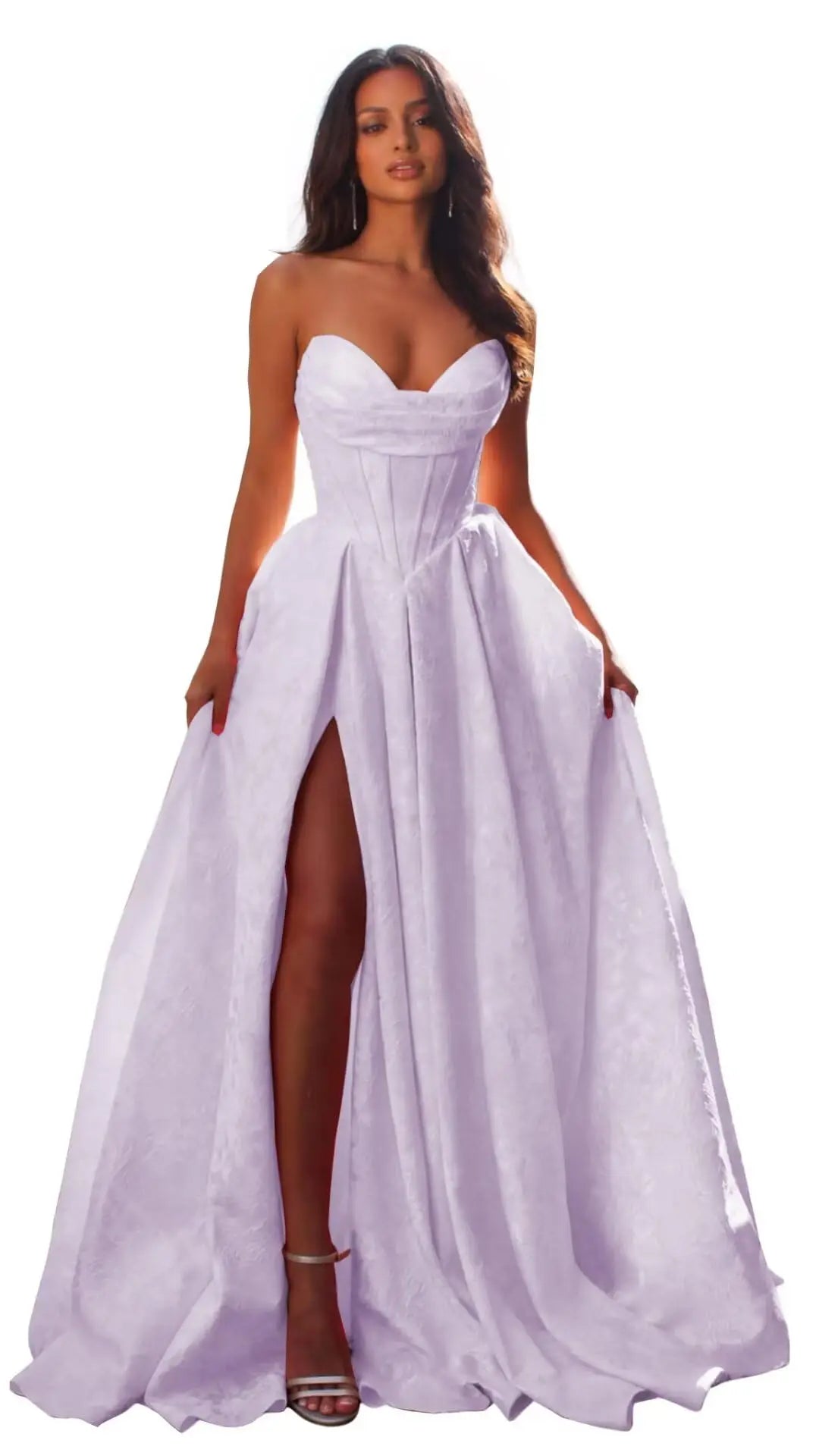 Jacquard Satin Prom Dresses with Slit Strapless Corset A Line Long Formal Gowns Party Evening Gown Formal Dress Women Elegant