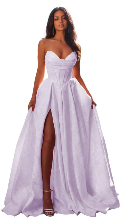 Jacquard Satin Prom Dresses with Slit Strapless Corset A Line Long Formal Gowns Party Evening Gown Formal Dress Women Elegant