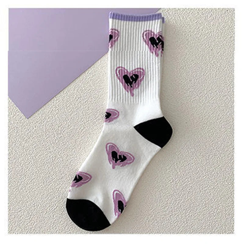 Kawaii Love Print Socks Purple Women Socks Female High Beauty In Spring Summer Fried Street Middle Tube Socks Harajuku Medias
