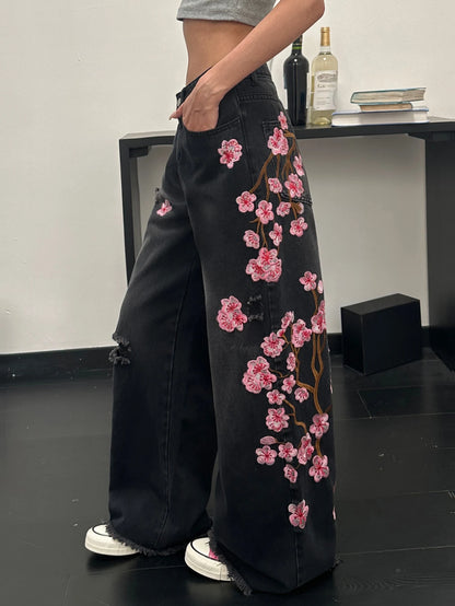 Women's European And American Style Floral Embroidered Black Loose Wide-Leg Jeans, Street Trend, Fashionable And Versatile, Soft And Comfortable High-Waisted Straight Trousers