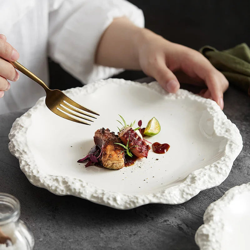 Rock Pattern Skirt Plate Dish Dish Household Ceramic Flat Shallow Plate Hotel Display Plate