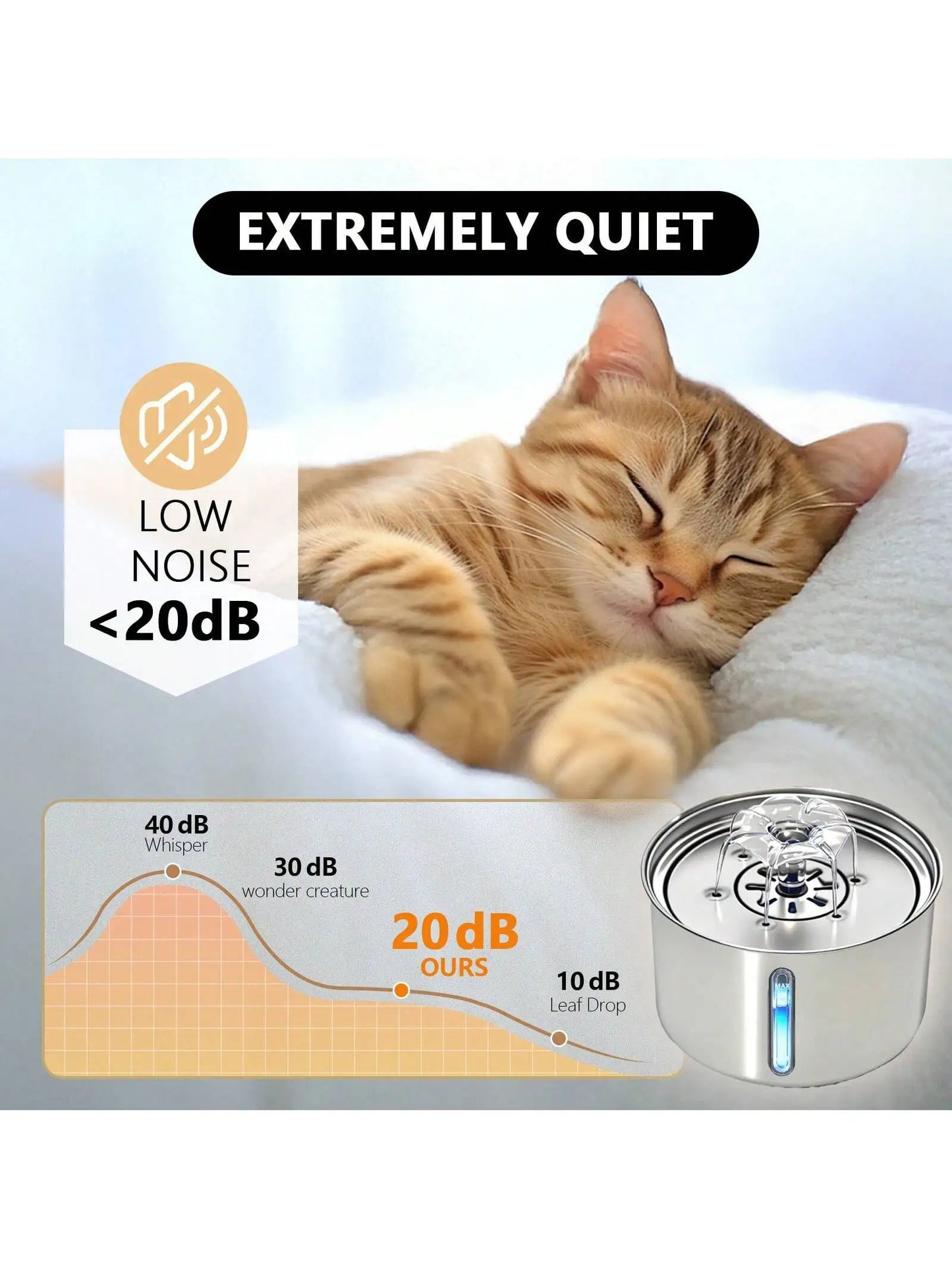3L/101.45oz/0.793Gallon Stainless Steel Automatic Cat Water Drinker | Quiet USB Powered Pet Feeder with Water Level Indicator