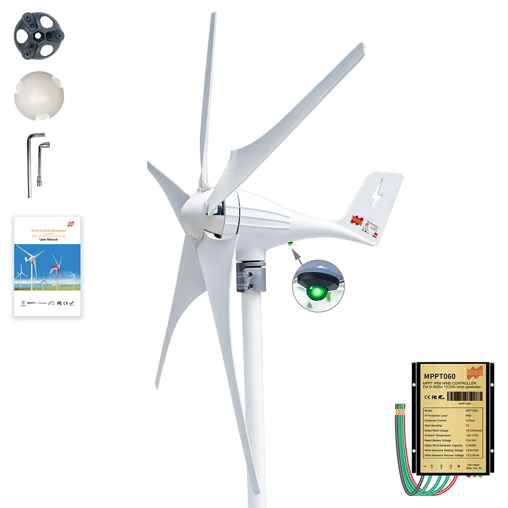 3 5Blades 600W 12V 24V Wind Turbine Generator With MPPT Controller High Effcient Household Wind Generator for Battery Charge