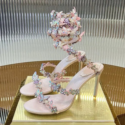 Women Thin High Heels Elastic Strap Gladiator Sandals Bling Rhinestone Flower Decor Sandalias  Summer Bridesmaid Dress Shoes