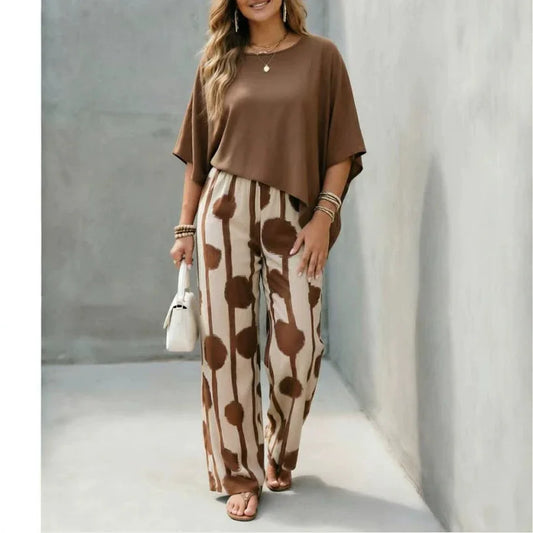 2026 Spring Summer New Comfort Crew Neck Short Sleeve Striped Print Wide Leg Pants 2-Piece Outfit Set