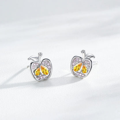 Ailmay Real 925 Sterling Silver Cute Fine Apple Rainbow Zirconia Fruit Stud Earrings For Women Girls Party Accessories Jewelry