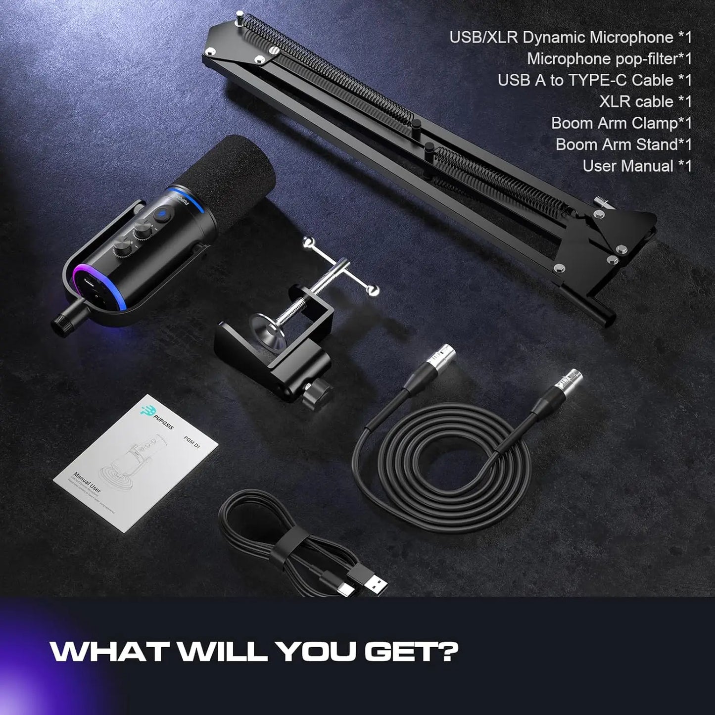 Pupgsis Dynamic Podcast Microphone for Studio, Cardioid XLR/USB Mic, AI Noise Cancellation, Mute Button, 3.5mm Headphone Jack for Monitoring, Volume Control, Microfono with Boom Arm