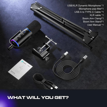 Pupgsis Dynamic Podcast Microphone for Studio, Cardioid XLR/USB Mic, AI Noise Cancellation, Mute Button, 3.5mm Headphone Jack for Monitoring, Volume Control, Microfono with Boom Arm