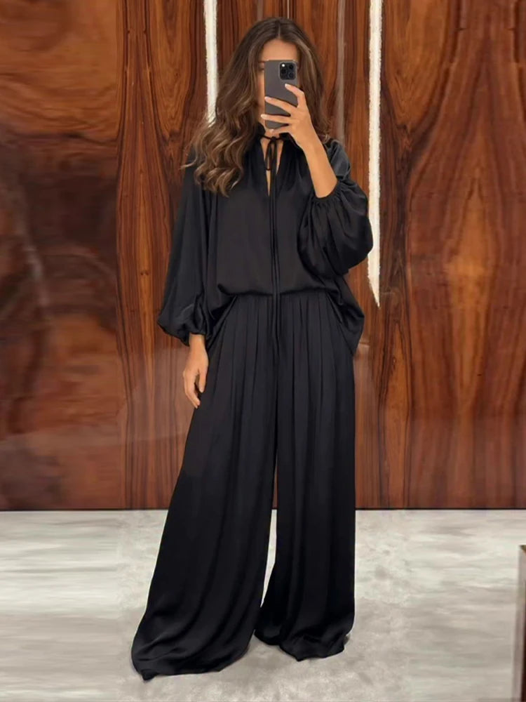 Satin Two-Piece Set Tie-Neck Balloon Sleeve Top Wide Leg Pant 2026 Spring Fashion Minimalist Loungewear Office Women Outfits