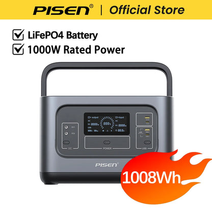 PISEN 1008Wh 1000W  (2000W Peak Power) Solar Generator LiFePO4 Battery Portable Power Station for Home Backup, Hurricane Emergency, Outdoor Camping / RV/Garden Party