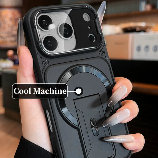 Matte Armor Fold Stand Magnetic Case for iPhone 17 16 15 14 Plus 13 12 11 Pro Max For Magsafe Camera Holder Lens Protect Cover