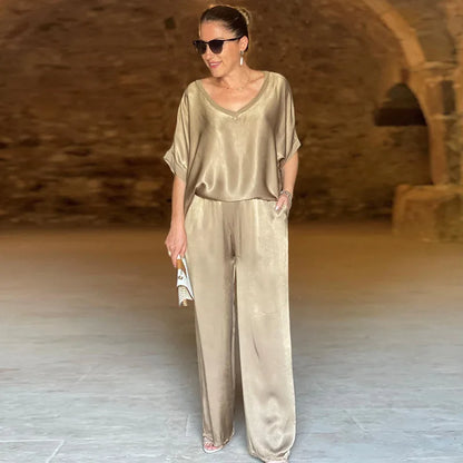 Women 2-piece Set, Satin Loose Fitting Suit, Short Sleeved T-shirt, 2 Pairs Of Pants, Summer Conjuntos Para Mujeres 2 Piezas